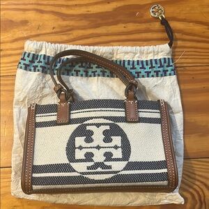 Tory Burch Tan and Blue Satchel with Iconic Design